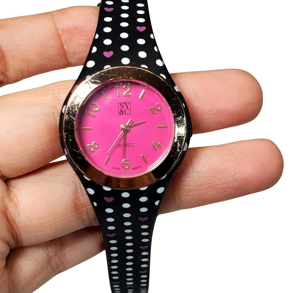 New York & Company Polka Dotted Watch Black Buckle Band Analog